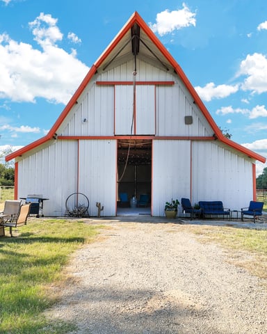 Barn-style casita exterior with outdoor seating area